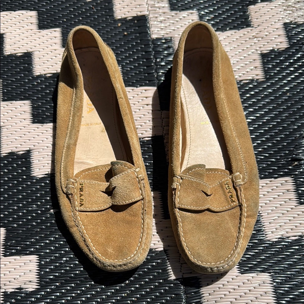 Prada Tan Suede Flats with Horsebit Detail